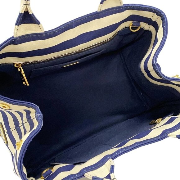 Auth PRADA Canapa B2642B Navy Cream Canvas Tote Bag - Picture 12 of 15